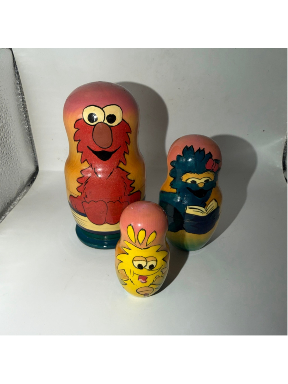 RARE HTF Vintage Wooden Sesame Street Elmo & Friends Nesting Dolls Set/3 Russia